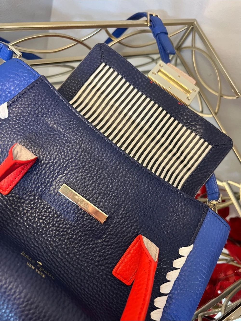 Kate Spade Colorblock Leather Satchel Crossbody Bag Whipstitch Navy Red Blue NWT